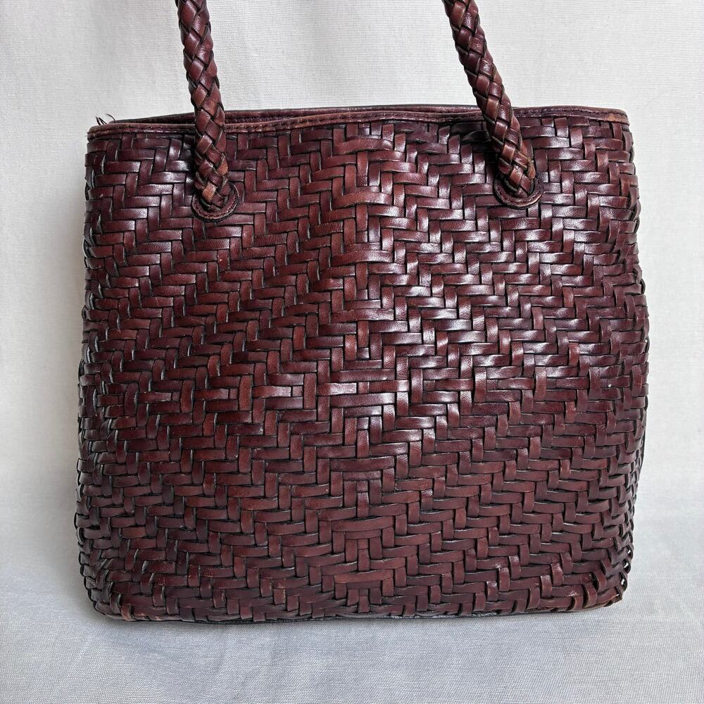 Fossil Vintage Woven Leather Tote Braided Handles Brown Wine Boho Chic Earthy